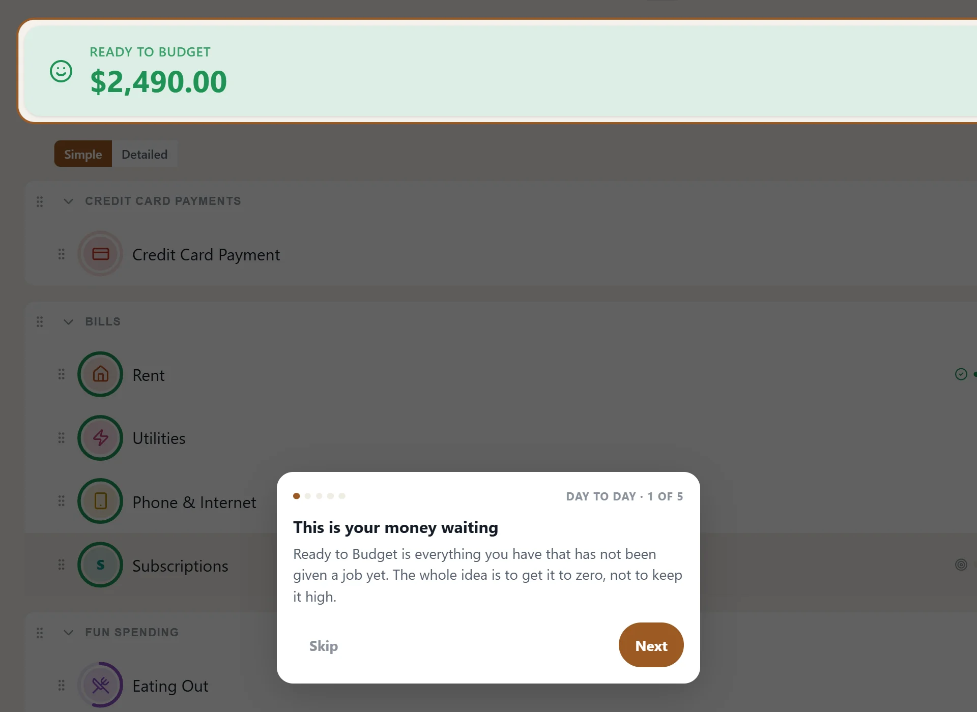 The guided tour's first step, pointing at Ready to Budget in the demo budget