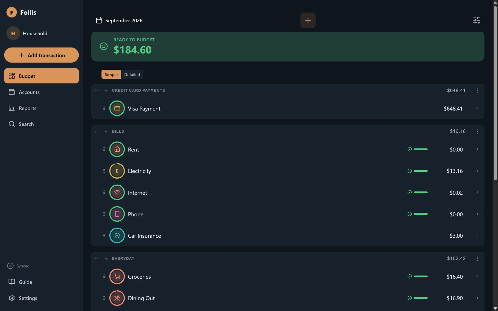 The budget on a computer, in dark mode