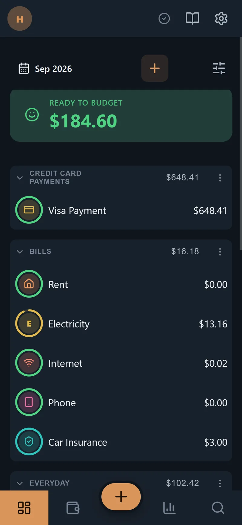 The same budget on a phone, in dark mode