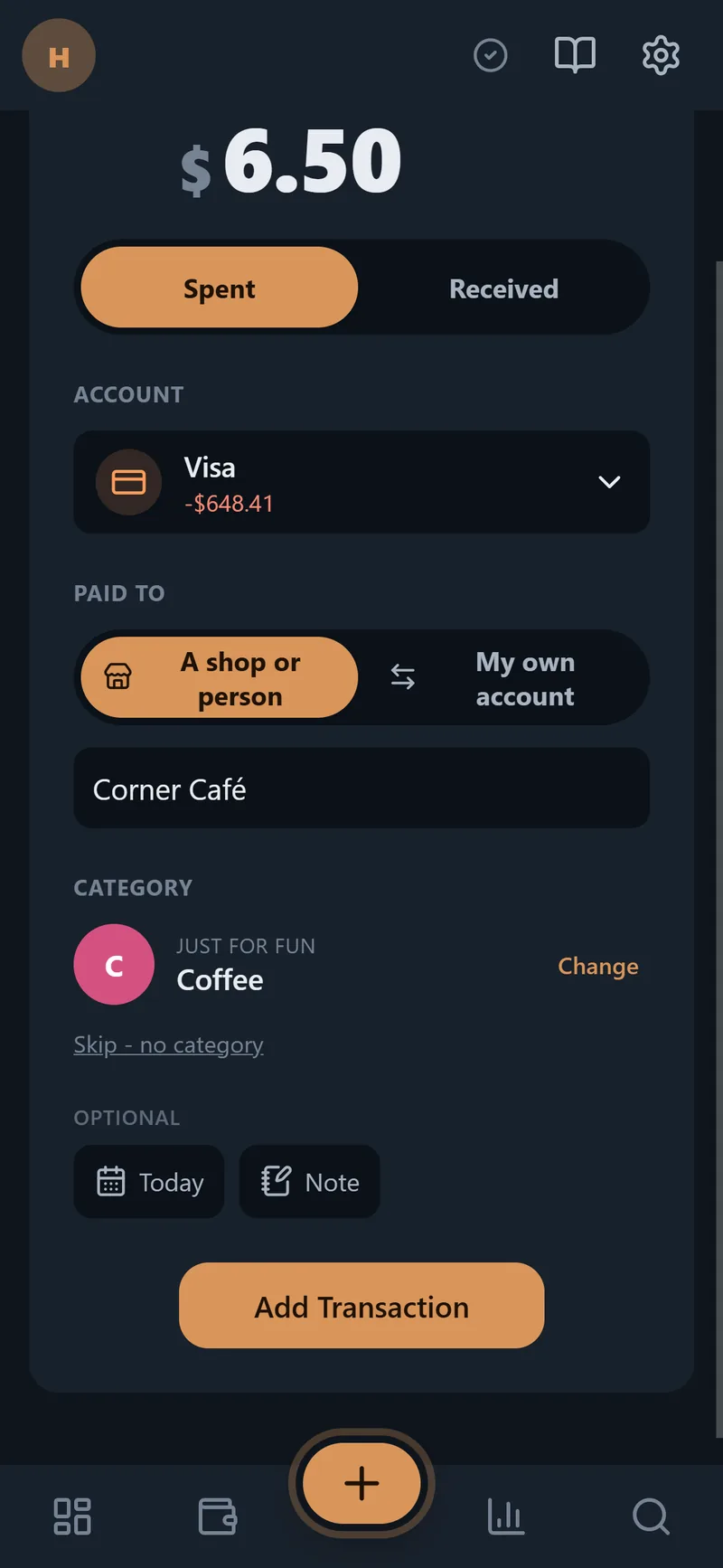 Logging a transaction on a phone