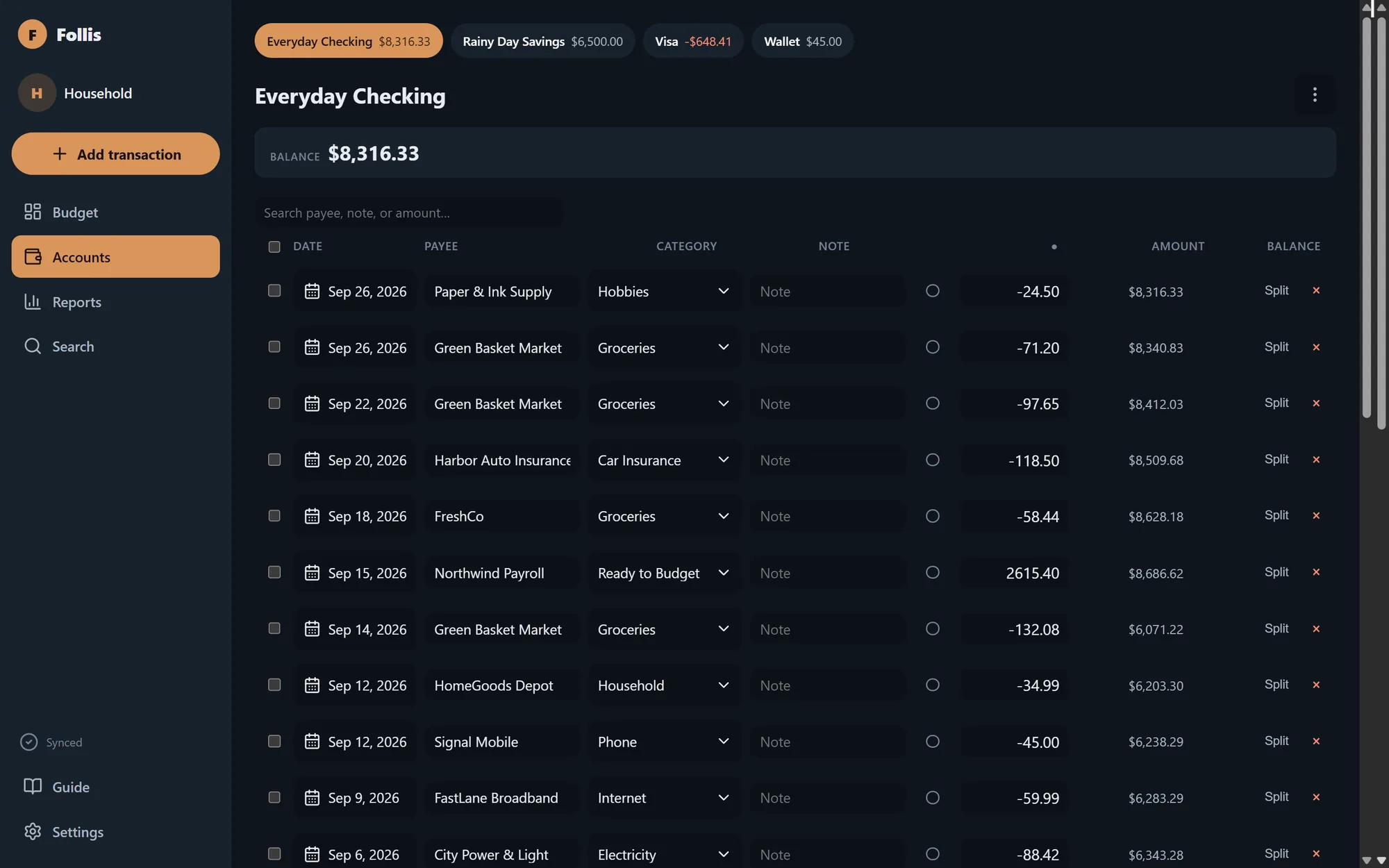 The Everyday Checking register: each transaction with its payee, category and running balance